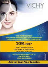 10% off* on all Vichy Products exclusively at Dabur New U stores. This festive season enjoy free personalized skin diagnosis by an expert dermo cosmetic consultant. Get customized advice to understand your skin needs.