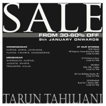 Sale - 30 to 60% off from 9 January 2013 onwards at Tarun Tahiliani DLF Emporio Vasant Kunj Delhi
